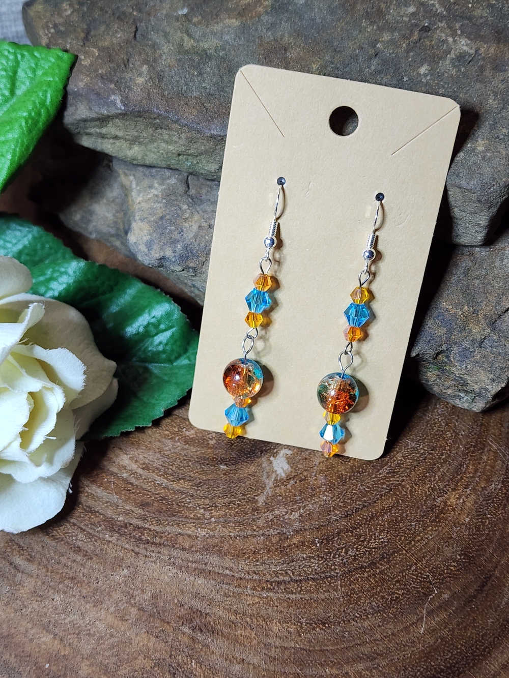 Dangle Drop Earrings With Blue & Orange Crackled Glass & Matching Faceted Beads